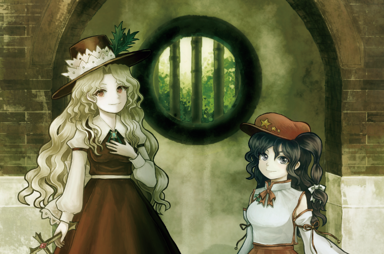2girls, bad_source, bare_shoulders, black_hair, breasts, brown_hat, brown_skirt, brown_vest