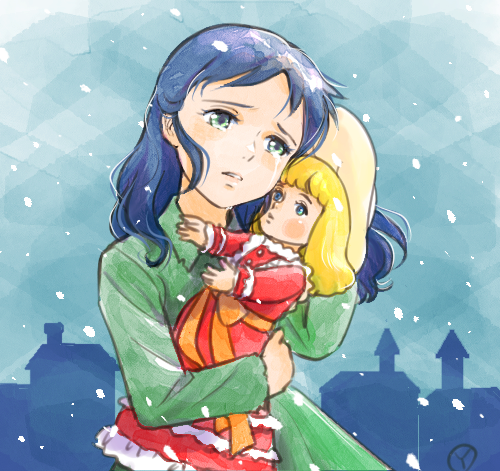 1girl, blue_eyes, blue_hair, blue_sky, building, collared_dress, commentary, crying