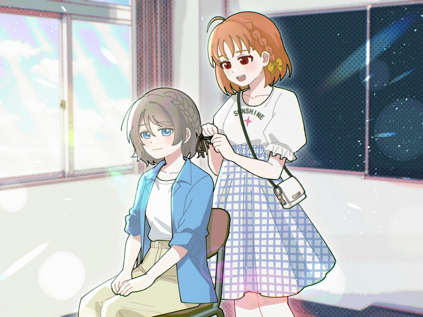2girls, ahoge, alphive, bag, belt, blue_eyes, blush, braid