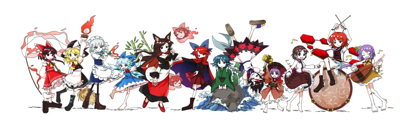 6+girls, absurdres, ahoge, animal_ears, antenna_hair, apron, aqua_hair, arms_behind_head, arrow_(symbol), arrow_print, aura, bamboo, barefoot, belt, biwa_lute, black_belt, black_boots, black_dress, black_eyes, black_hair, black_hat, black_neckerchief, black_pantyhose, black_shirt, black_shoes, black_skirt, black_vest, blonde_hair, blue_bow, blue_bowtie, blue_dress, blue_eyes, blue_hair, blue_ribbon, boots, bow, bowl, bowl_hat, bowtie, braid, breasts, broom, brown_boots, brown_hair, brown_sandals, buttons, cape, chain, chained, chained_wrists, checkered_clothes, checkered_skirt, chest_jewel, cirno, closed_eyes, closed_mouth, collar, collared_cape, collared_dress, collared_jacket, collared_shirt, cross-laced_clothes, crossed_legs, dark_aura, demon_horns, detached_sleeves, double_dealing_character, dress, drill_hair, drum, drum_set, drumsticks, fairy, fighting_stance, finger_to_cheek, fingernails, fins, fire, fish_tail, floating, floating_head, floating_object, floating_weapon, flower, flower_hairpin, frilled_apron, frilled_dress, frilled_hair_tubes, frilled_hat, frilled_kimono, frilled_ribbon, frilled_shirt, frilled_shirt_collar, frilled_skirt, frilled_sleeves, frills, gem, gohei, green_kimono, green_ribbon, hair_ornament, hair_ribbon, hair_tubes, hairband, hakurei_reimu, hand_up, hands_up, hat, hat_ornament, hat_ribbon, head_fins, headdress, height_difference, highres, holding, holding_broom, holding_drumsticks, holding_instrument, holding_knife, holding_lute, holding_mallet, holding_needle, holding_sewing_needle, holding_weapon, horikawa_raiko, horns, ice, ice_wings, imaizumi_kagerou, instrument, izayoi_sakuya, jacket, japanese_clothes, jewelry, juliet_sleeves, kijin_seija, kimono, kirisame_marisa, knife, lace, lace-trimmed_dress, lace-up_boots, lace_trim, large_ribbon, layered_dress, leaf, leaf_hair_ornament, leaf_on_head, long_hair, long_sleeves, looking_at_viewer, lute_(instrument), maid, maid_apron, maid_headdress, mallet, mallet_(instrument), medium_hair, mermaid, miko, mini-hakkero, mini_person, minigirl, miracle_mallet, mitsudomoe_(shape), monster_girl, multicolored_dress, multicolored_hair, multiple_girls, multiple_heads, music, musical_note, neckerchief, necktie, needle, night, night_sky, nontraditional_miko, obi, off-shoulder_dress, off_shoulder, on_rock, open_hand, open_mouth, outstretched_arm, pantyhose, parted_bangs, pink_hairband, playing_instrument, pleated_skirt, ponytail, print_dress, puffy_long_sleeves, puffy_short_sleeves, puffy_sleeves, purple_collar, purple_hair, purple_necktie, purple_ribbon, red_bow, red_bowtie, red_brooch, red_cape, red_dress, red_eyes, red_hair, red_kimono, red_ribbon, red_shoes, red_skirt, red_streaks, red_vest, ribbon, ribbon_braid, rock, rod, sandals, sash, sekibanki, sewing_needle, sharp_fingernails, shirt, shoes, short_hair, short_sleeves, sidelocks, simple_background, singing, single_braid, sitting, sitting_on_drum, sitting_on_object, skirt, sky, sleeveless, smile, socks, spoken_musical_note, standing, standing_on_one_leg, star_(sky), starry_sky, streaked_hair, string, sukuna_shinmyoumaru, taiko_drum, tail, teeth, tomoe_(symbol), touhou, tsukumo_benben, tsukumo_yatsuhashi, twin_braids, twin_drills, upside-down, vest, waist_apron, waist_ribbon, wakasagihime, water, waves, wavy_hair, weapon, werewolf, white_apron, white_background, white_dress, white_hair, white_headdress, white_horns, white_jacket, white_ribbon, white_shirt, white_skirt, white_sleeves, white_socks, wide_sleeves, wings, witch, witch_hat, wolf_ears, wolf_girl, wrist_cuffs, yellow_dress, yellow_eyes, yellow_neckerchief, yoiy_san