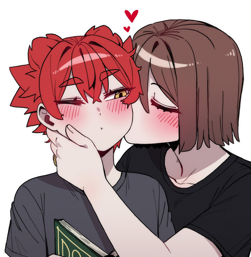1boy, 1girl, 7a_(se7ena), black_shirt, blush, brown_hair, closed_eyes, closed_mouth, commentary_request, double-parted_bangs, grey_shirt, hair_between_eyes, hand_on_another's_cheek, hand_on_another's_face, hand_up, heart, hetero, highres, jewelry, kiss, kissing_cheek, looking_at_another, one_eye_closed, original, parted_bangs, red_hair, ring, shirt, short_hair, short_sleeves, simple_background, t-shirt, white_background, yellow_eyes