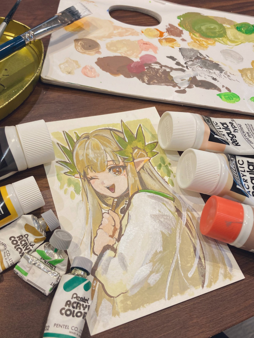 1girl, ;d, absurdres, acrylic_paint_(medium), akekaede824, arknights, art_tools_in_frame, blunt_bangs