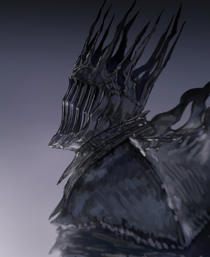 1boy, armor, covered_face, elden_ring, elden_ring_nightreign, gradient_background, grey_background, helmet, heolstor_the_nightlord, highres, male_focus, pauldrons, profile, riio, shoulder_armor, solo, spiked_helmet, upper_body