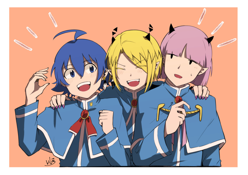 3boys, :d, absurdres, babyls_school_uniform, black_eyes, black_horns, blonde_hair, blue_hair