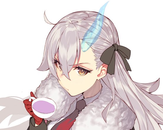 1girl, ahoge, black_bow, bow, closed_mouth, collared_shirt, cropped_shoulders, cup