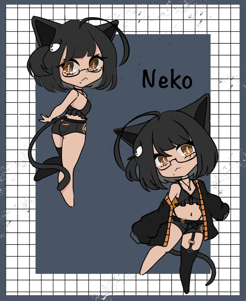 ahoge, animal_ears, animal_hands, birthmark, black_cat, black_hair, black_shorts, bow, cat, cat_ears, cat_girl, cat_paws, cat_tail, checkered_background, chibi, crop_top, dark_skin, glasses, highres, huge_ahoge, indie_virtual_youtuber, midriff, navel, nek0roe, nek0roe_(artist), orange_eyes, oversized_clothes, reference_sheet, shorts, single_off_shoulder, single_thighhigh, sweater, tail, tank_top, thigh-highs, virtual_youtuber