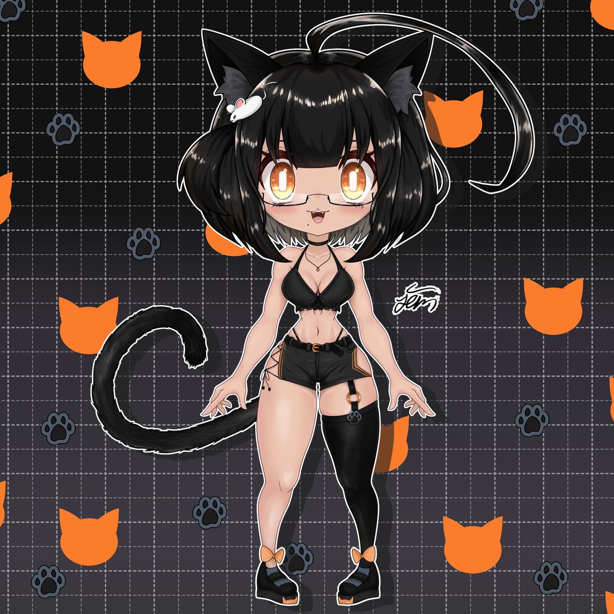 ahoge, animal_ears, animal_hands, birthmark, black_cat, black_hair, black_shorts, bow, cat, cat_ears, cat_girl, cat_paws, cat_tail, checkered_background, chibi, dark_skin, glasses, highres, huge_ahoge, indie_virtual_youtuber, jem.designs, nek0roe, orange_eyes, reference_sheet, shorts, single_thighhigh, tail, tank_top, thigh-highs, virtual_youtuber