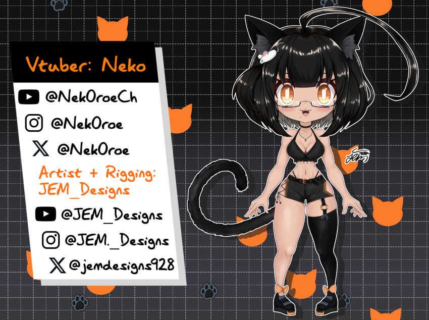 absurdres, ahoge, animal_ears, animal_hands, birthmark, black_cat, black_hair, black_shorts, bow, cat, cat_ears, cat_girl, cat_paws, cat_tail, checkered_background, chibi, dark_skin, glasses, highres, huge_ahoge, indie_virtual_youtuber, jem.designs, nek0roe, orange_eyes, reference_sheet, shorts, single_thighhigh, tail, tank_top, thigh-highs, virtual_youtuber