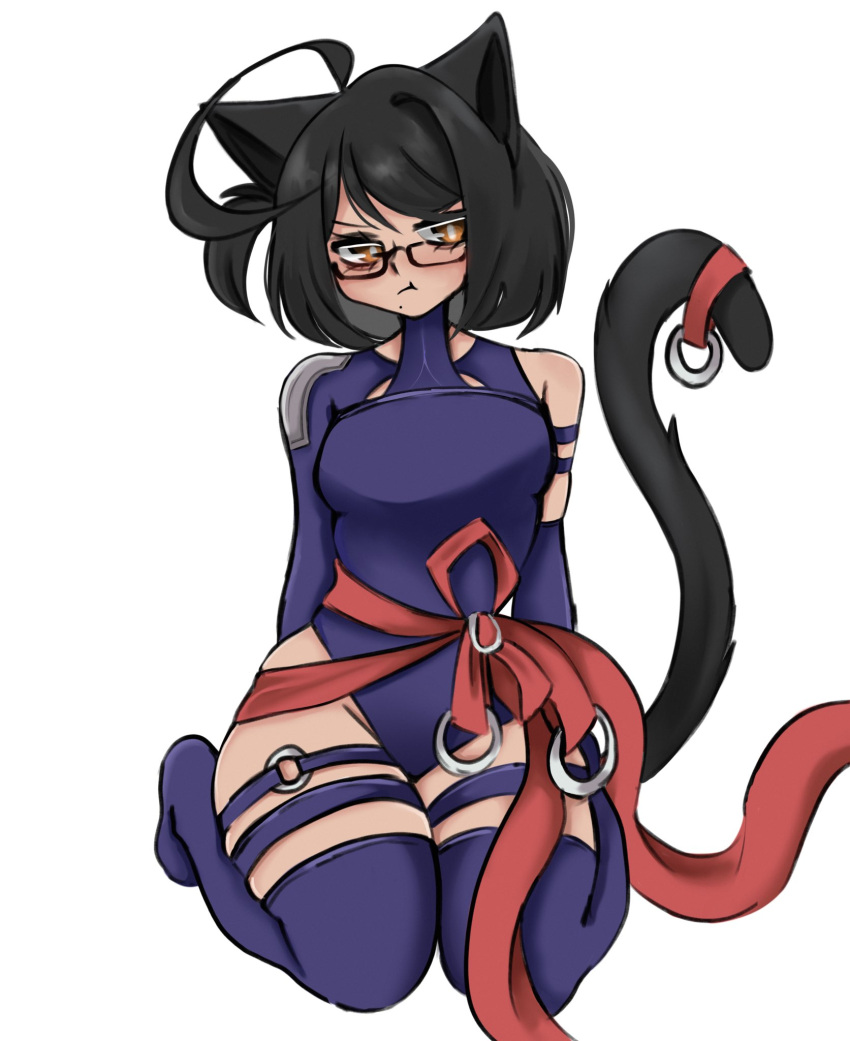 ahoge, animal_ears, birthmark, black_cat, black_hair, cat, cat_ears, cat_girl, cat_tail, cosplay, dark_skin, glasses, highres, huge_ahoge, indie_virtual_youtuber, marvel, marvel_rivals, nek0roe, nek0roe_(artist), orange_eyes, psylocke, psylocke_(vengeance), tail, thigh-highs, virtual_youtuber