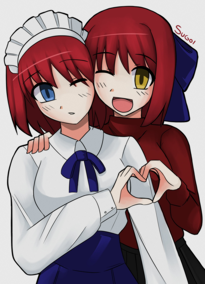 2girls, absurdres, alternate_costume, artoria_pendragon_(fate), cosplay, fate_(series), highres, hisui_(tsukihime), kohaku_(tsukihime), maid_headdress, multiple_girls, red_hair, saber_(fate), saber_(fate)_(cosplay), short_hair, siblings, sisters, sugoiiii, tohsaka_rin, tohsaka_rin_(cosplay), tsukihime, twins