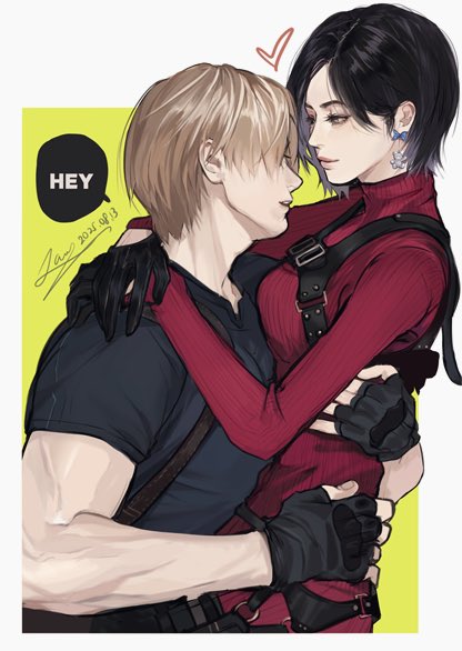 1boy, 1girl, ada_wong, arm_around_back, arms_around_neck, bear_earrings, black_gloves, black_hair, blonde_hair, blue_shirt, bow, bow_earrings, breasts, chest_harness, dated, dress, earrings, fingerless_gloves, from_side, gloves, hair_behind_ear, hand_on_another's_hip, hand_on_another's_waist, harness, heart, hug, jewelry, leon_s._kennedy, long_sleeves, looking_at_another, medium_breasts, meow_(cindy738), outside_border, profile, red_sweater, resident_evil, resident_evil_4, resident_evil_4_(remake), ribbed_sweater, shirt, short_hair, short_sleeves, signature, single_earring, speech_bubble, sweater, sweater_dress, turtleneck, turtleneck_sweater, upper_body