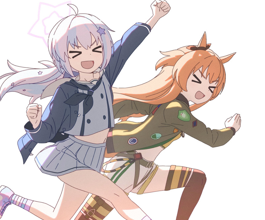 >_<, 2girls, :d, ahoge, animal_ears, ankle_socks, belt, black_thighhighs