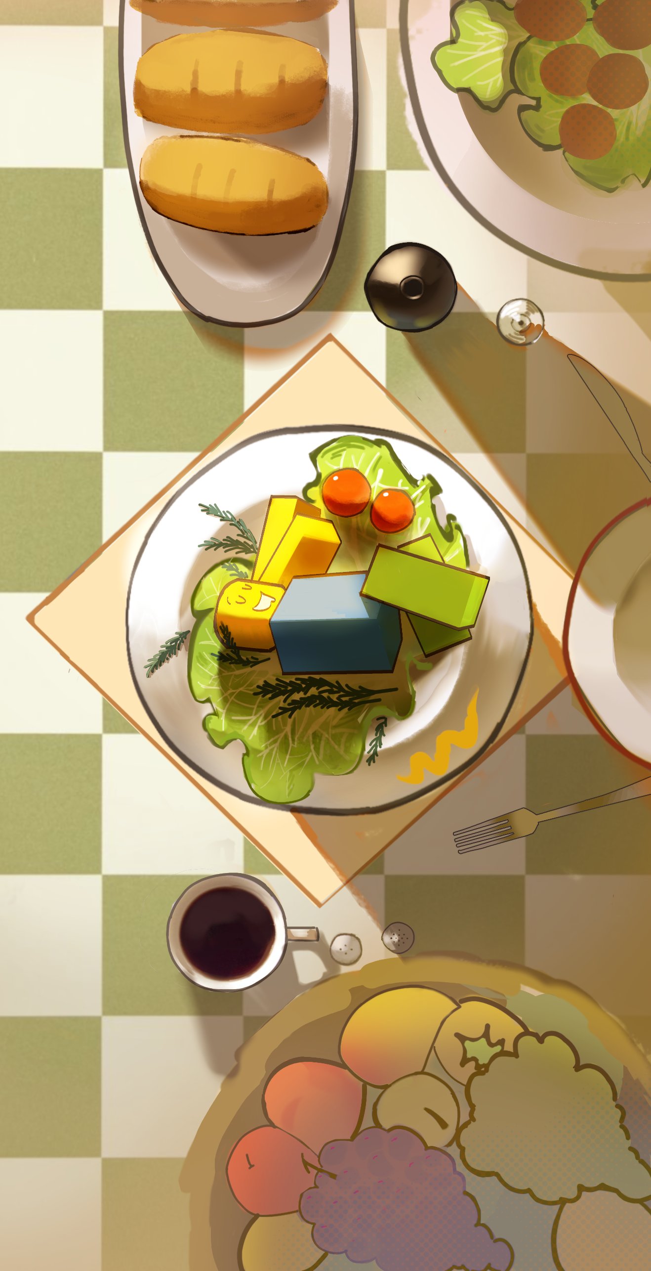 1other, absurdres, apple, bread, checkered_tablecloth, cherry_tomato, closed_eyes, cup, flxphlx, food, fork, from_above, fruit, fruit_bowl, full_body, garnish, grapes, grin, hashtag-only_commentary, highres, knife, lettuce, lying, mango, mini_person, on_side, orange_(fruit), painterly, pear, pepper_shaker, player_character_(roblox), roblox, salad, salt_shaker, shadow, smile, tomato