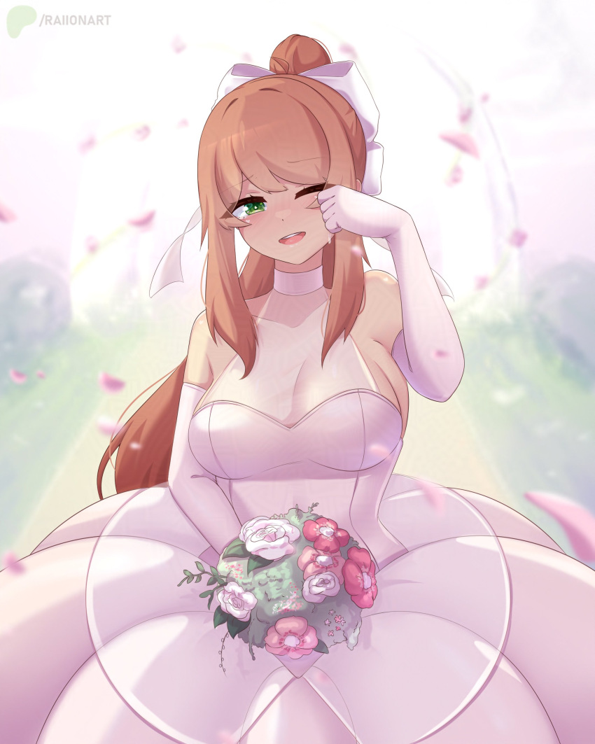 absurdres, artist_name, bouquet, bow, breasts, brown_hair, doki_doki_literature_club, dress