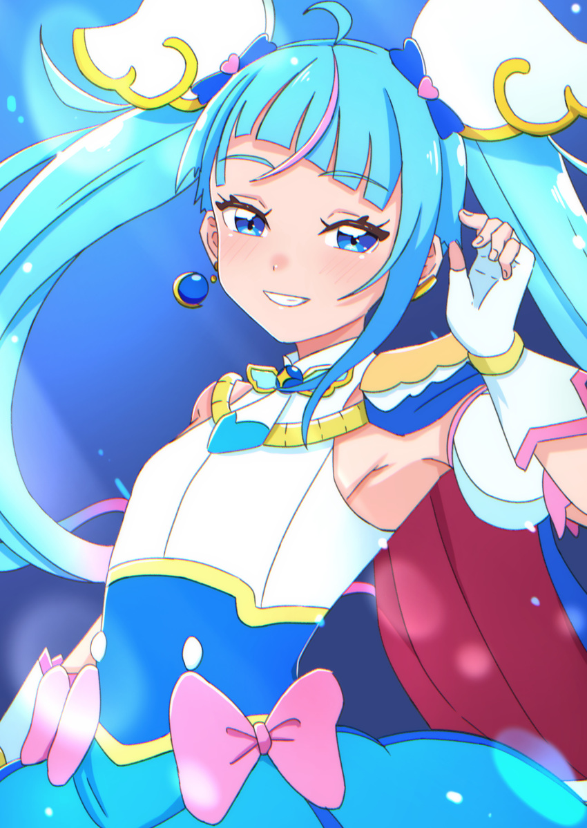 1girl, absurdres, armpit_focus, armpits, blue_cape, blue_dress, blue_eyes, blue_hair
