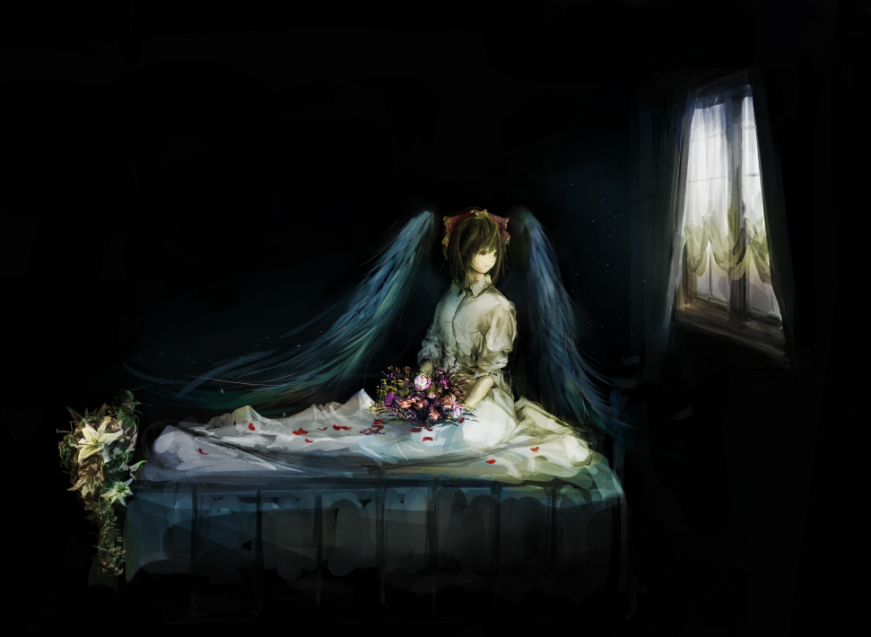 1girl, ameme, bed, black_background, blonde_hair, bouquet, bow, commentary_request