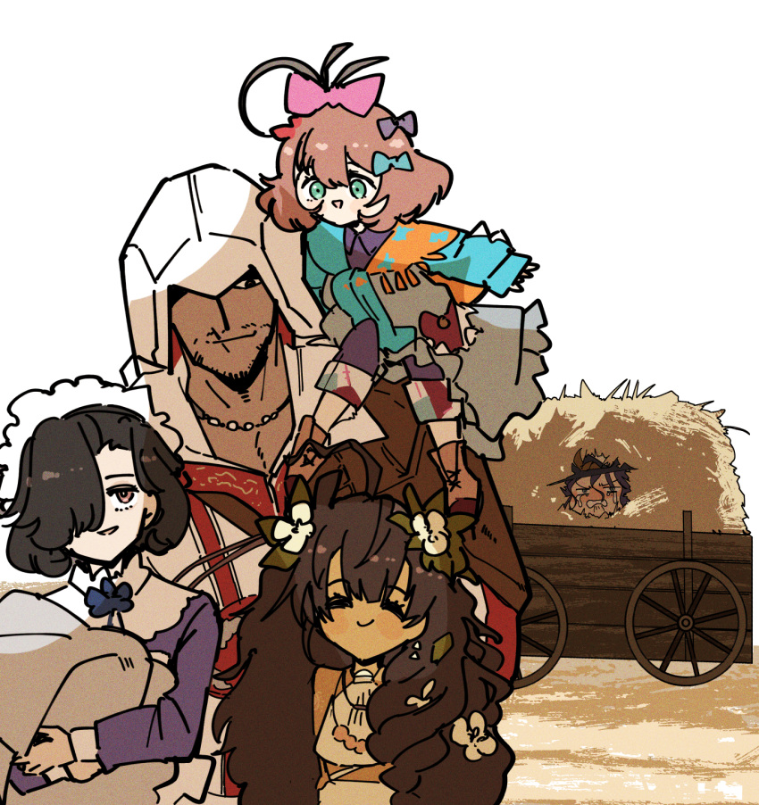 1boy, 4girls, ^_^, ahoge, assassin's_creed_(series), assassin's_creed_ii, black_hair, blanket, blue_bow, blue_dress, blue_eyes, blue_scarf, bow, brown_hair, closed_eyes, closed_mouth, crossover, crying, dress, ezio_auditore_da_firenze, fatutu, flower, flutterpage, hair_bow, hair_flower, hair_ornament, hair_over_one_eye, hay, highres, holding, holding_blanket, hood, hood_over_one_eye, hood_up, long_hair, maid, maid_headdress, multiple_girls, multiple_hair_bows, one_eye_covered, orange_scarf, pants, pants_under_dress, pink_bow, purple_dress, red_bow, reverse:1999, scar, scar_on_face, scar_on_mouth, scarf, shirt, short_hair, sitting_on_shoulder, sleeveless, sleeveless_shirt, smile, swaddled, tuesday_(reverse:1999), two-tone_scarf, upper_body, violet_eyes, wagon, wheel, white_background, white_flower, white_shirt, willow_(reverse:1999), ziyunshanding