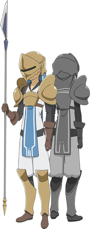 2boys, alfrigg_gulliver, anime_coloring, armor, back, boots, brown_gloves, brown_shoes, dungeon_ni_deai_wo_motomeru_no_wa_machigatteiru_darou_ka, full_body, gloves, helm, helmet, holding, holding_polearm, holding_weapon, kimoto_shigeki, looking_at_viewer, monochrome, multiple_boys, multiple_views, official_art, pants, polearm, shirt, shoes, shoulder_armor, simple_background, spear, standing, transparent_background, weapon, white_pants, white_shirt