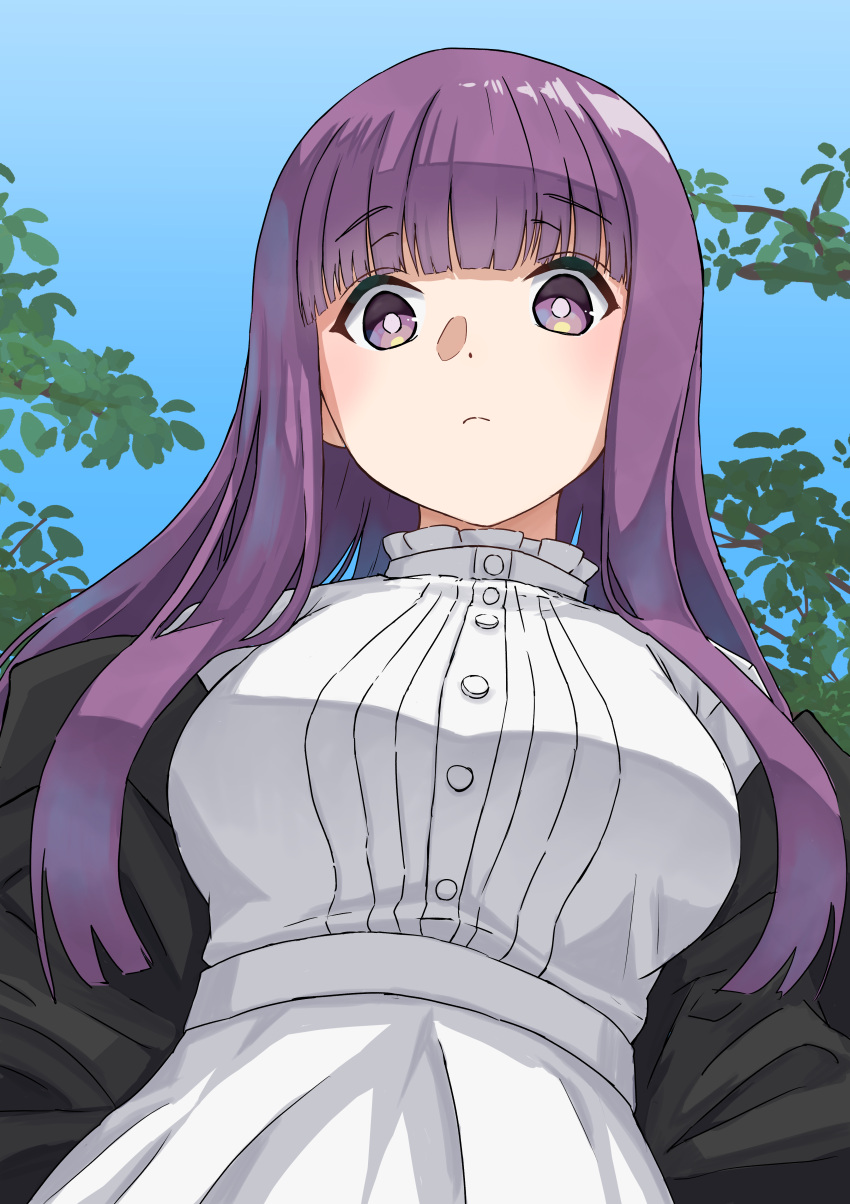 1girl, absurdres, black_coat, blue_sky, blunt_bangs, breasts, bright_pupils, closed_mouth