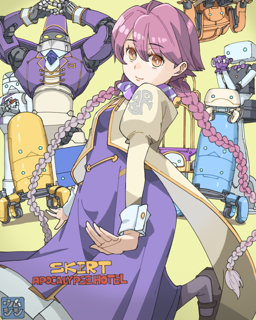 1girl, 6+others, apocalypse_hotel, braid, breasts, brown_eyes, doorman_robot_(apocalypse_hotel), dress