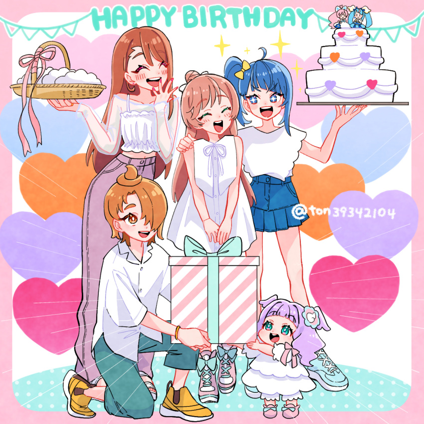 +_+, 1boy, 4girls, aqua_eyes, asymmetrical_bangs, basket, birthday, birthday_cake