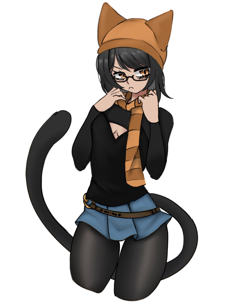 ahoge, animal_ears, beanie, birthmark, black_cat, black_hair, black_pantyhose, cat