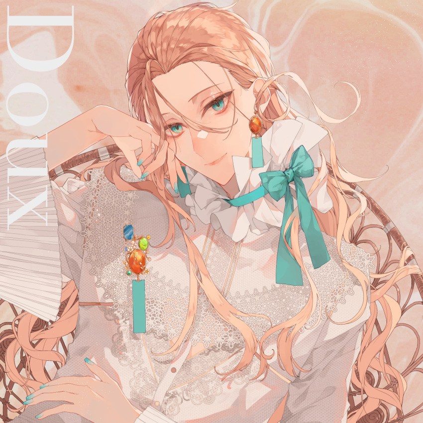 1boy, alternate_costume, aqua_bow, aqua_eyes, aqua_nails, blonde_hair, blue_gemstone, bow