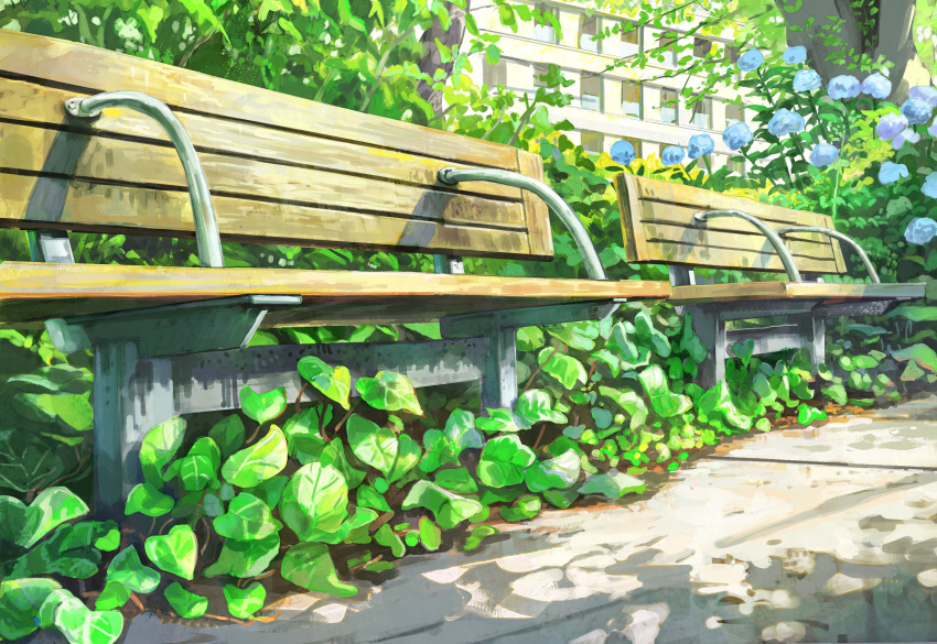 bench, blue_flower, building, commentary, dappled_sunlight, day, flower, highres
