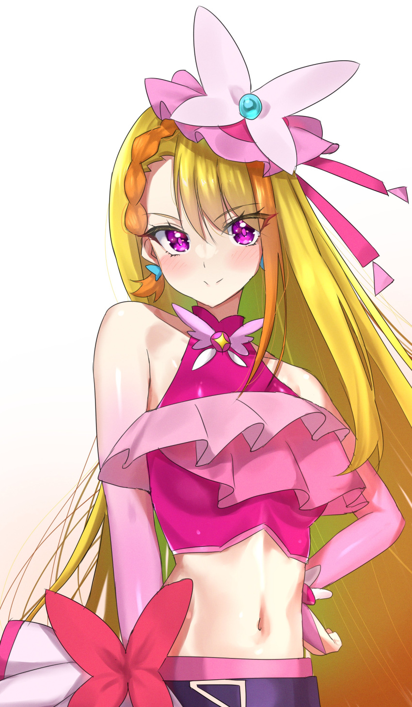 1girl, absurdres, blonde_hair, bow, braid, breasts, brooch, butterfly_hat, butterfly_hat_ornament, cure_butterfly, earrings, hat, hat_ornament, highres, hijiri_ageha, hirogaru_sky!_precure, jewelry, long_hair, looking_at_viewer, magical_girl, medium_breasts, midriff, navel, pink_hat, pink_skirt, precure, skirt, smile, solo, umi-chan_(umi-chan_koubou), upper_body, very_long_hair, violet_eyes, white_background