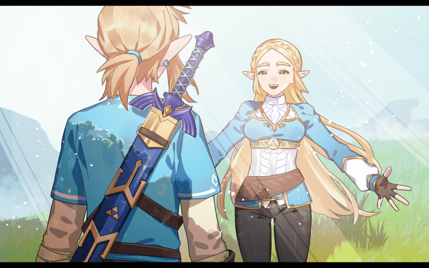 1boy, 1girl, black_border, black_pants, blonde_hair, blue_shirt, blue_tunic, border