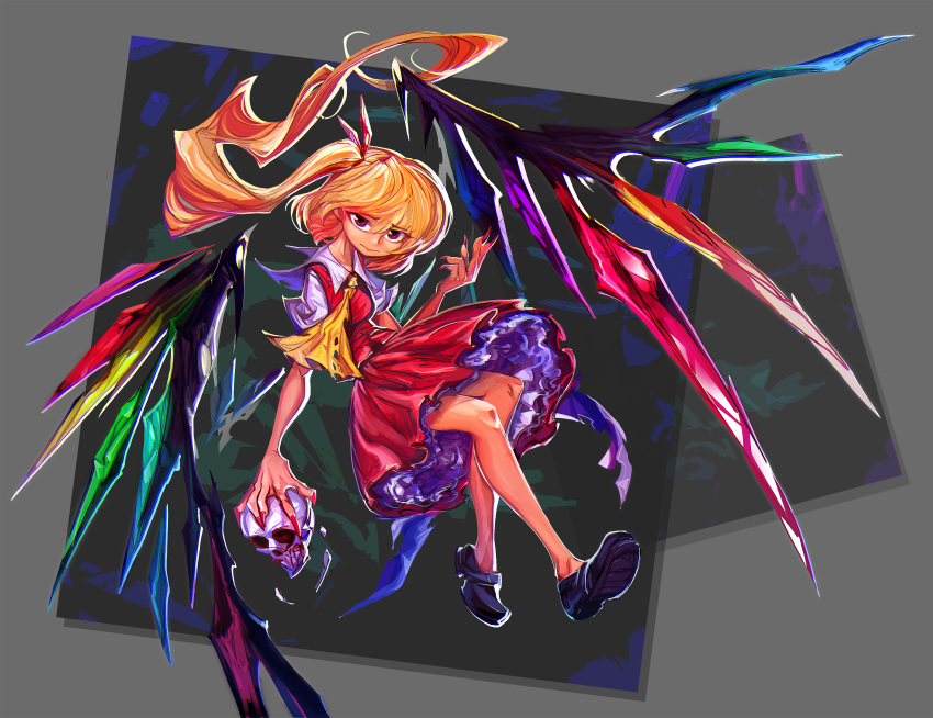 1girl, absurdres, ascot, black_shoes, blonde_hair, closed_mouth, collared_shirt, commentary, crystal, crystal_wings, english_commentary, fingernails, flandre_scarlet, highres, holding, holding_skull, long_fingernails, long_hair, looking_at_viewer, megabubu, multicolored_wings, one_side_up, red_eyes, red_nails, red_skirt, red_vest, shirt, shoes, skirt, skirt_set, skull, solo, touhou, very_long_hair, vest, white_shirt, wings, yellow_ascot