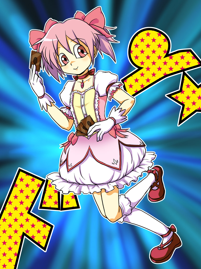 bow, card, choker, gloves, hair_bow, kaname_madoka, kneehighs, ma_2, magical_girl, mahou_shoujo_madoka_magica, parody, pink_eyes, pink_hair, short_twintails, smile, style_parody, twintails, white_gloves, white_legwear, yu-gi-oh!, yuu-gi-ou