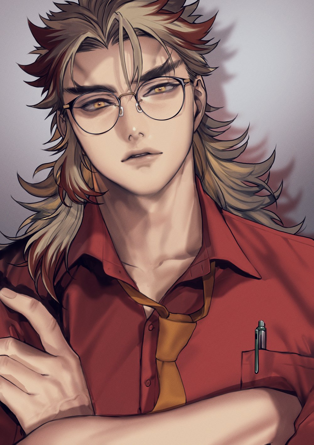 1boy, alternate_costume, blonde_hair, brown_hair, collarbone, collared_shirt, crossed_arms, glasses
