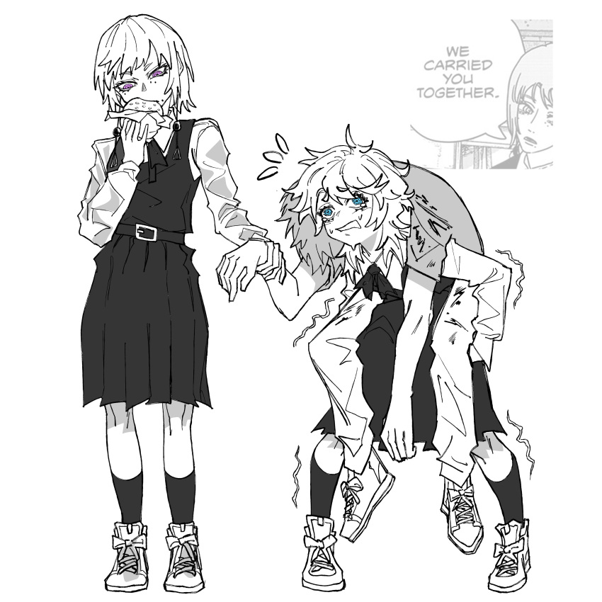 1boy, 2girls, absurdres, blue_eyes, burger, chainsaw_man, collared_shirt, comic_panel_inset, denji_(chainsaw_man), dress, earrings, eating, fami_(chainsaw_man), famine_devil_(chainsaw_man), food, fourth_east_high_school_uniform, highres, holding, holding_burger, holding_food, jewelry, kneehighs, kwadarth, long_sleeves, medium_hair, multiple_girls, pants, pinafore_dress, school_uniform, shirt, short_sleeves, sleeveless, sleeveless_dress, socks, spot_color, violet_eyes
