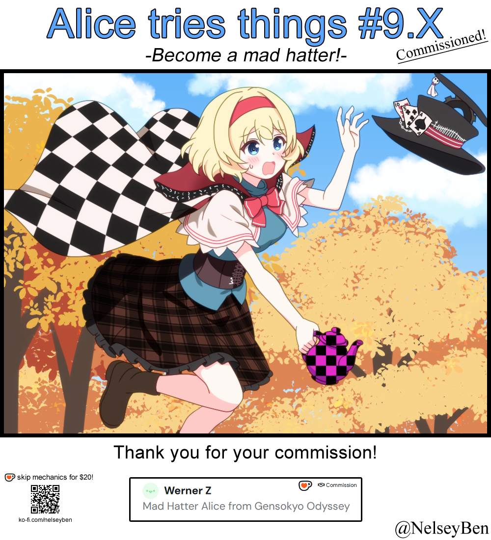 1girl, ace_(playing_card), alice_margatroid, alternate_costume, ankle_boots, autumn_leaves, black_hat, blue_eyes, blush, bnelsey, boots, bow, bowtie, breasts, brown_boots, brown_corset, brown_skirt, cape, capelet, card, checkered_cape, checkered_clothes, clouds, commentary, commission, corset, day, english_commentary, english_text, foot_out_of_frame, frilled_skirt, frills, gensokyo_odyssey, hairband, hat, hat_ribbon, holding, holding_teapot, ko-fi_logo, large_breasts, leaf, mad_alice, missing_texture_(source), open_mouth, outdoors, playing_card, qr_code, red_bow, red_bowtie, red_hairband, red_ribbon, request_inset, ribbon, screenshot_inset, short_hair, skirt, solo, teapot, top_hat, touhou, twitter_username, unworn_hat, unworn_headwear, web_address, white_capelet
