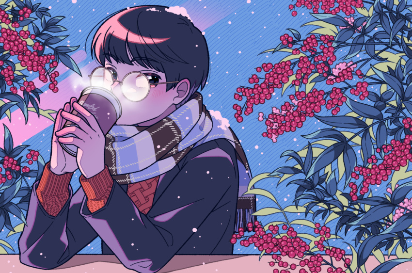 1boy, berry, black_hair, black_jacket, blue_background, blush, commentary_request, cup