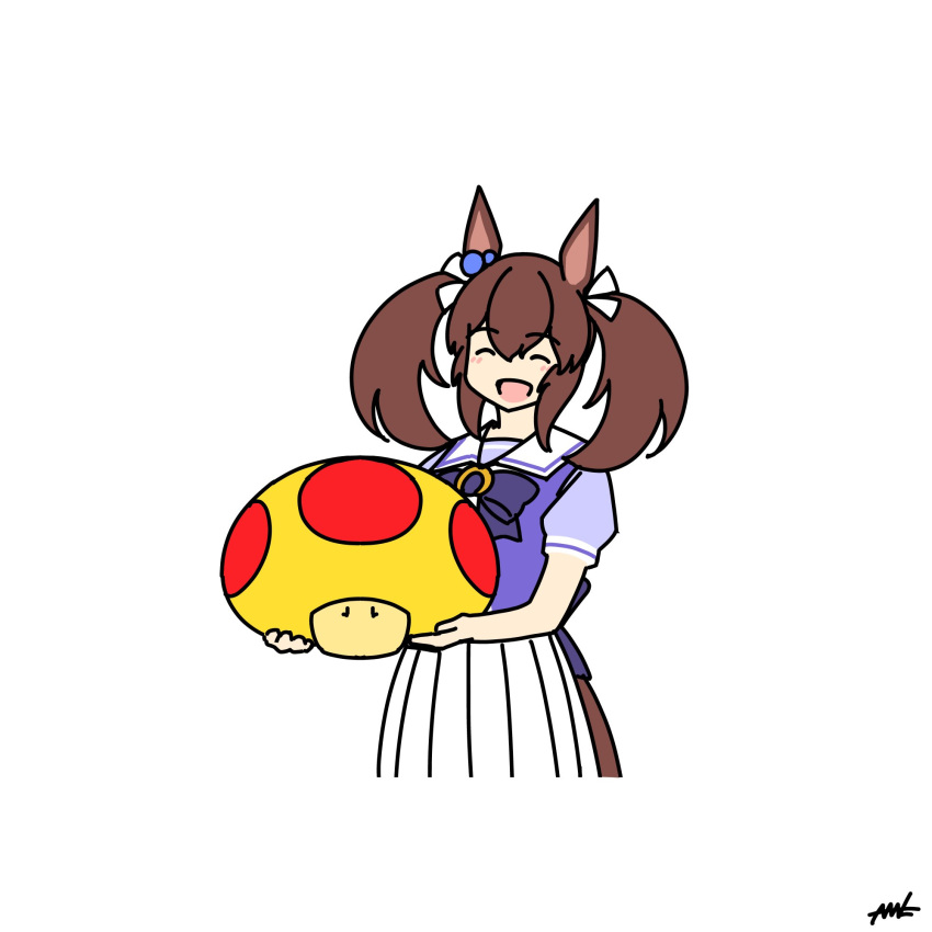 1girl, ^_^, animal_ears, bow, bowtie, brown_hair, closed_eyes, ear_ornament