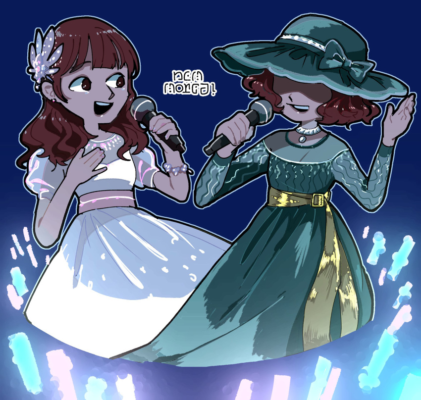 2girls, blue_background, brown_hair, dress, fake_text, glowstick, green_dress, green_hat