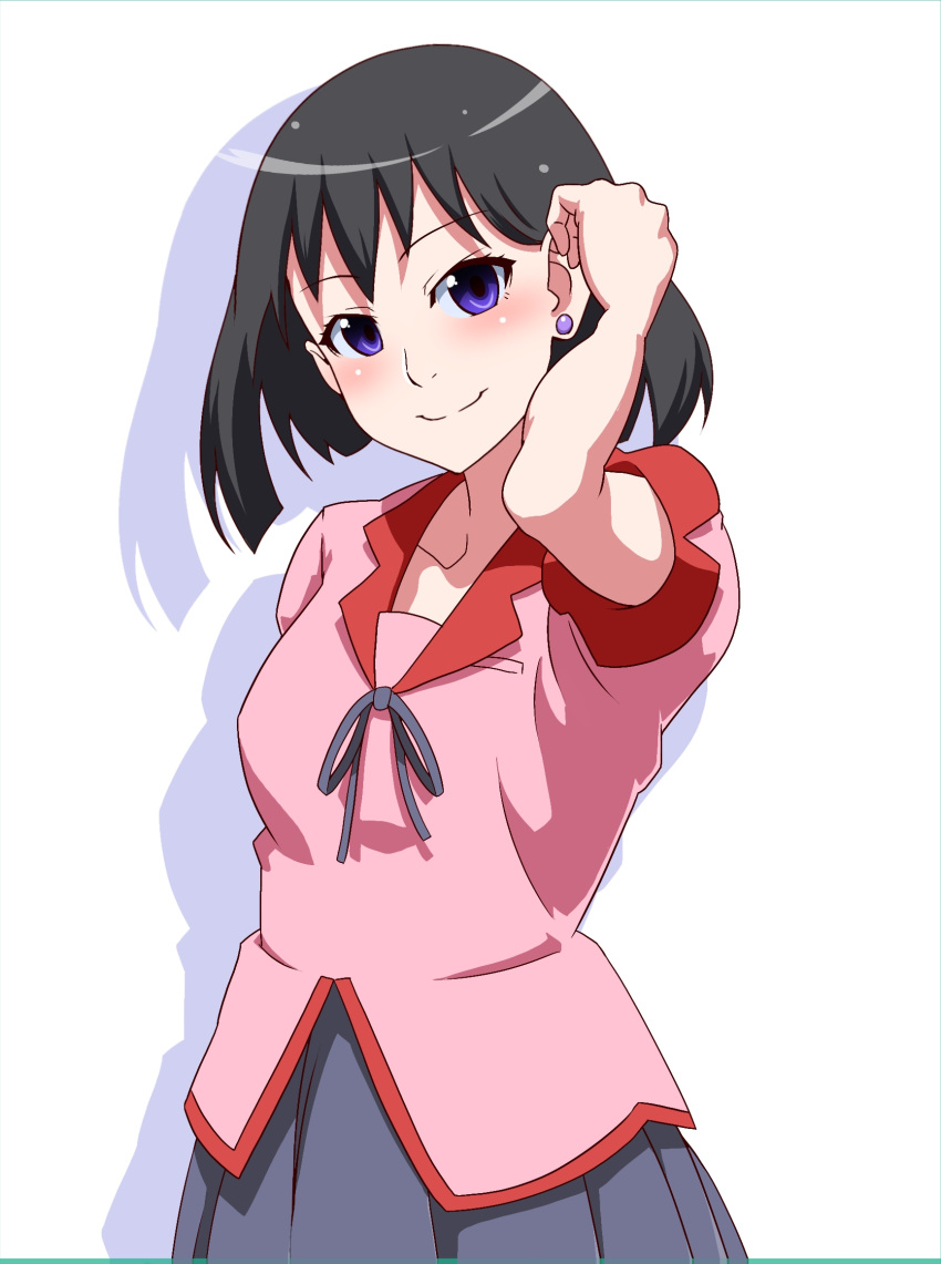 1girl, adjusting_hair, black_hair, blunt_ends, blush, bob_cut, bow, bowtie