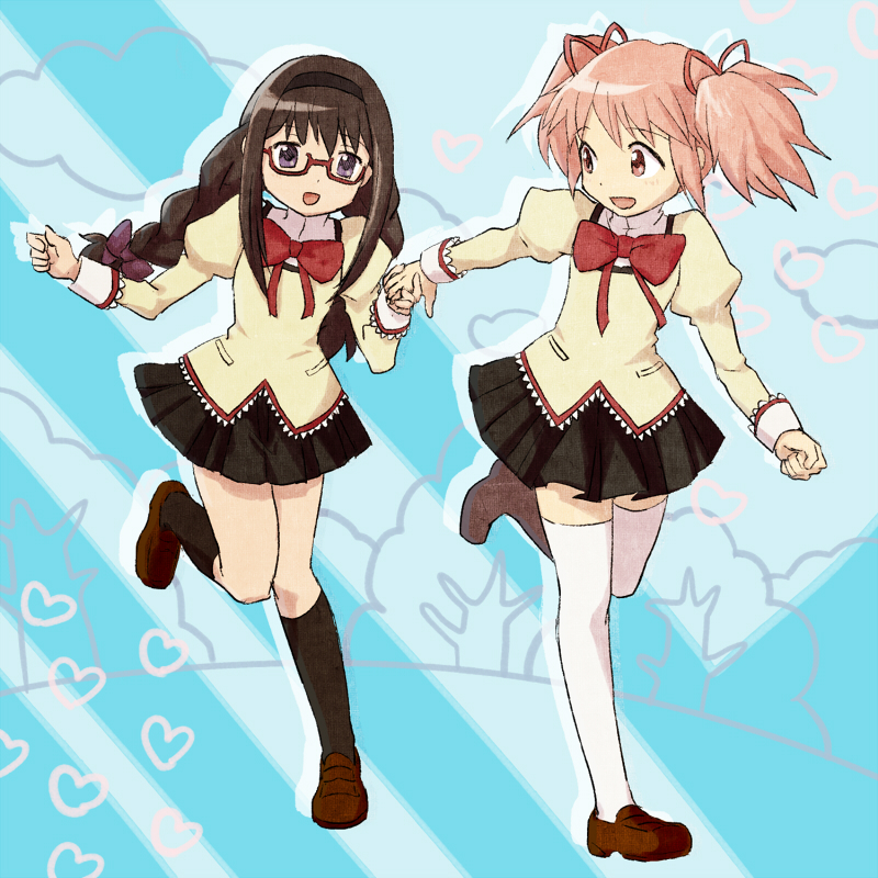 akemi_homura, bad_id, black_legwear, bow, braid, dokunuma, glasses, hair_bow