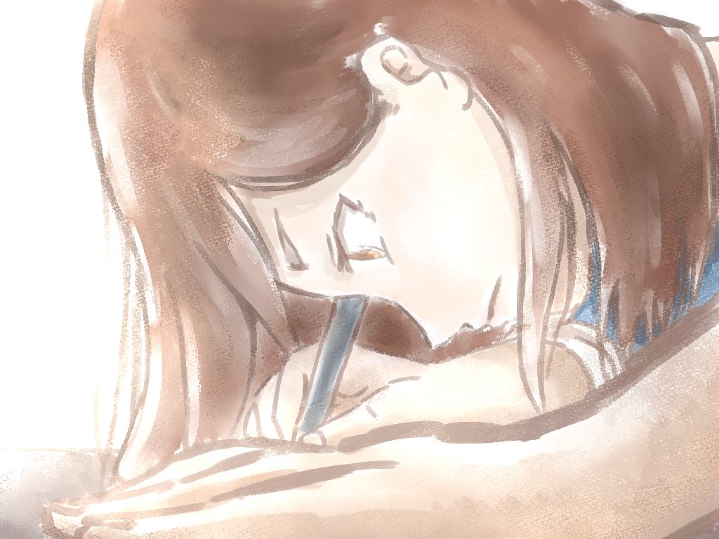 1girl, blue_jacket, bob_cut, brown_eyes, brown_hair, close-up, closed_mouth, commentary_request, concentrating, drawing_(action), eizouken_ni_wa_te_wo_dasu_na!, foreshortening, hair_behind_ear, hand_on_table, holding, holding_pencil, jacket, looking_at_object, looking_down, medium_hair, mizusaki_tsubame, pencil, shirt, sketch, taku7326, thick_eyebrows, white_background, white_shirt