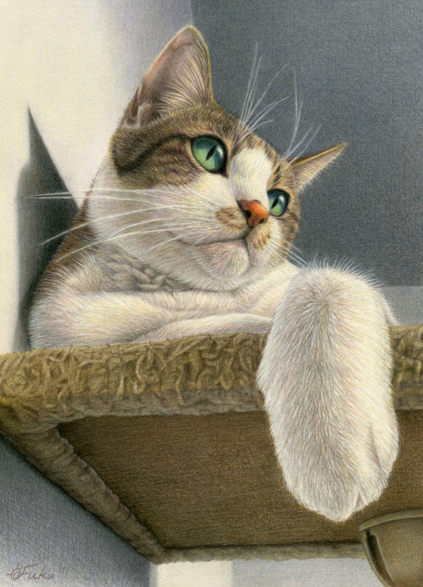 animal, animal_focus, cat, cat_tower, closed_mouth, colored_pencil_(medium), fuku86u, green_eyes