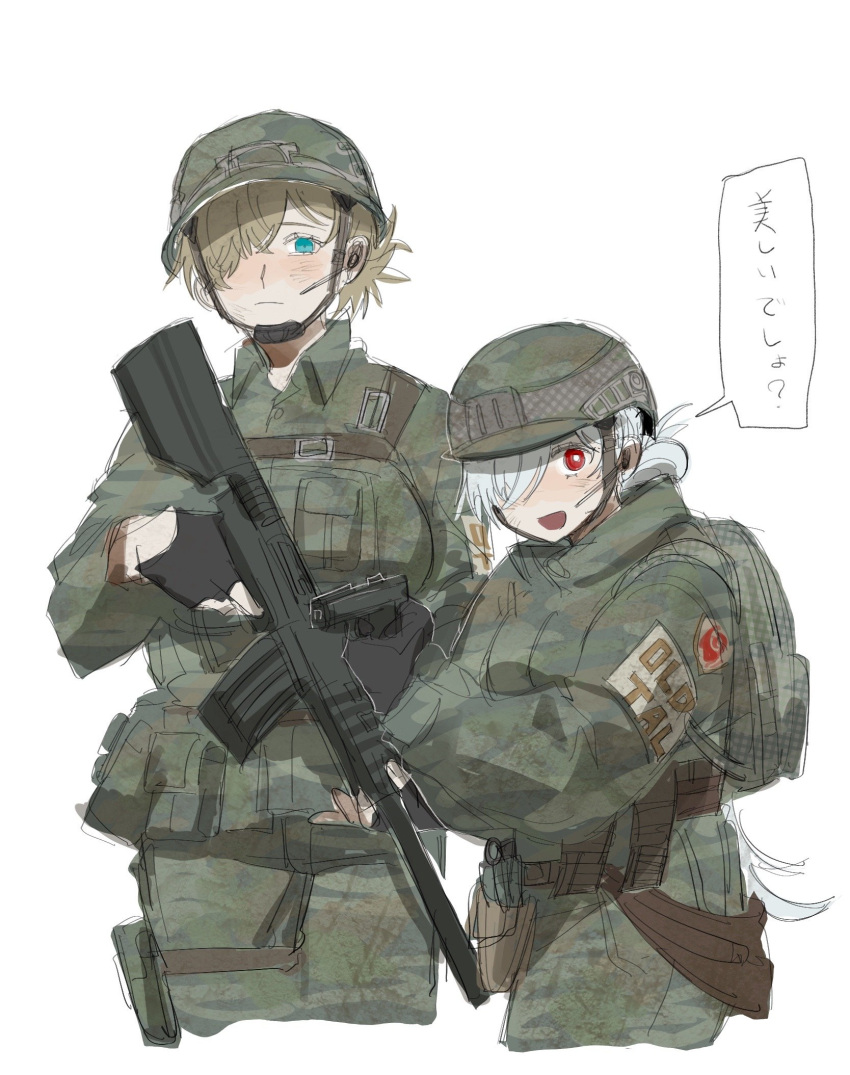 abe_(nikke), assault_rifle, camouflage_helmet, cinderella_(nikke), glock, goddess_of_victory:_nikke, grave_(nikke), gun, hair_over_one_eye, handgun, highres, holding, holding_gun, holding_weapon, long_hair, looking_at_viewer, m16, military, military_combat_uniform, military_fatigues, military_uniform, piece_888, red_eyes, rifle, smile, soldier, very_long_hair, weapon, white_hair