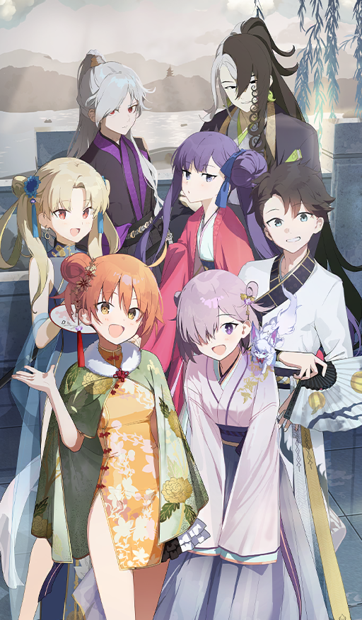 3boys, 3girls, :d, ahoge, akinashi_yuu, ashiya_douman_(fate), black_eyes, black_hair