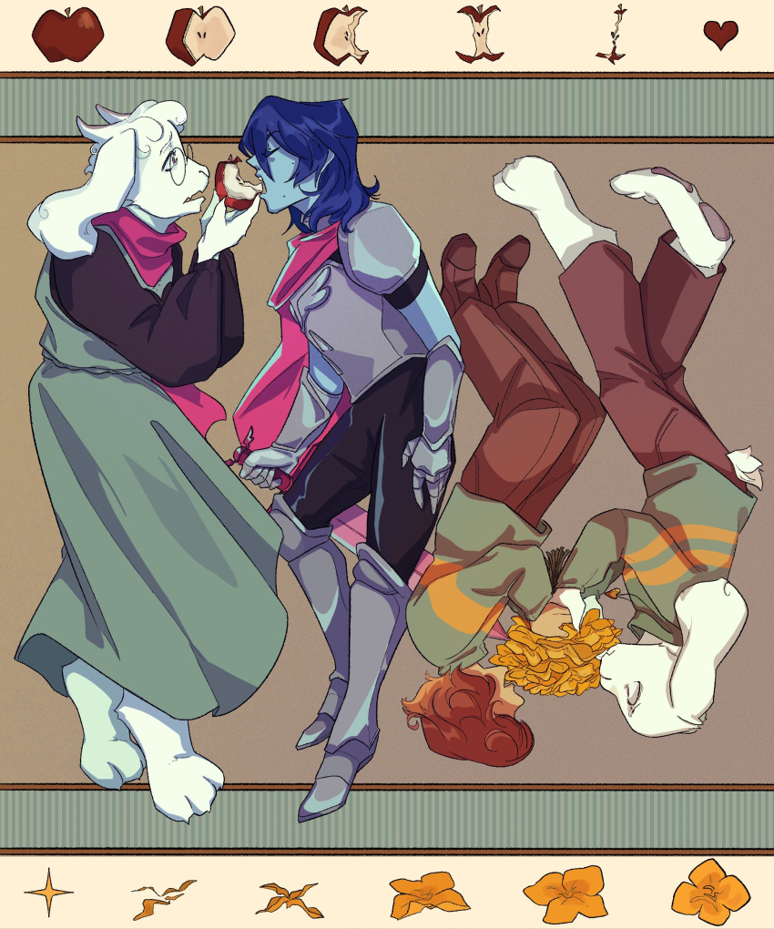 2boys, 2others, absurdres, animal_ears, apple, armored_boots, asriel_dreemurr, bitten_apple