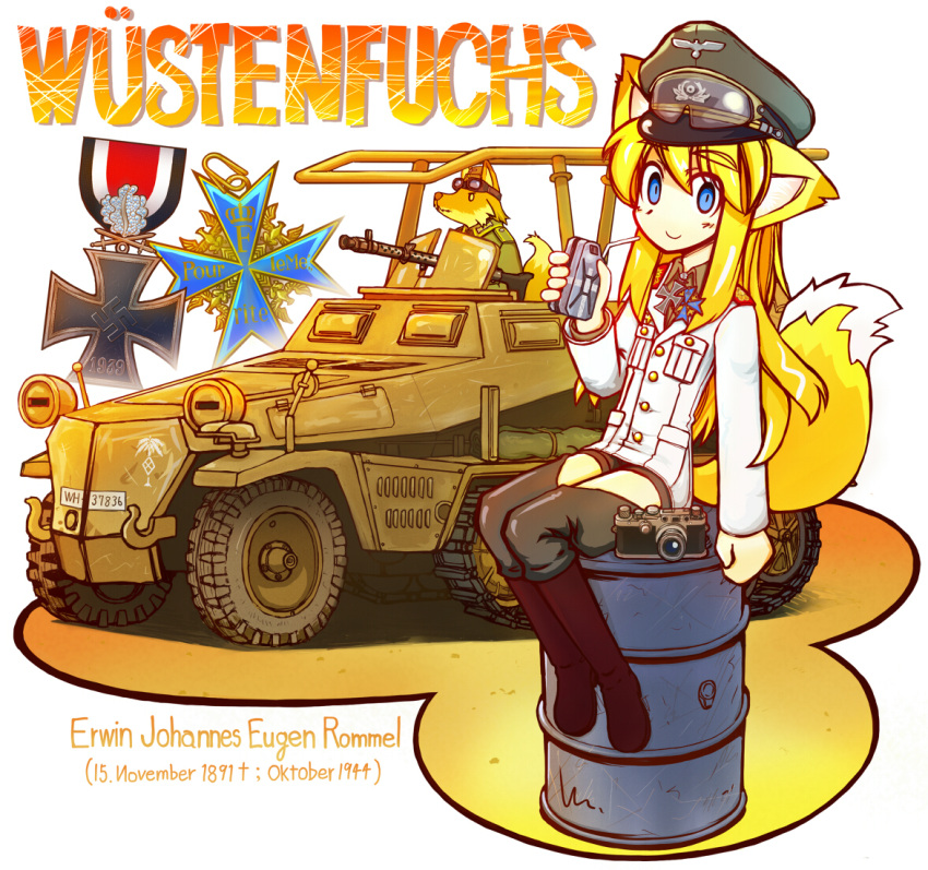 armored_vehicle, boots, camera, caterpillar_tracks, erwin_rommel, genderswap, goggles, gun