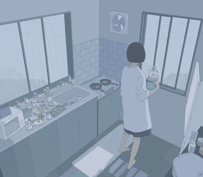 1girl, barefoot, black_hair, bob_cut, bottle, bread, bread_slice, chinese_commentary