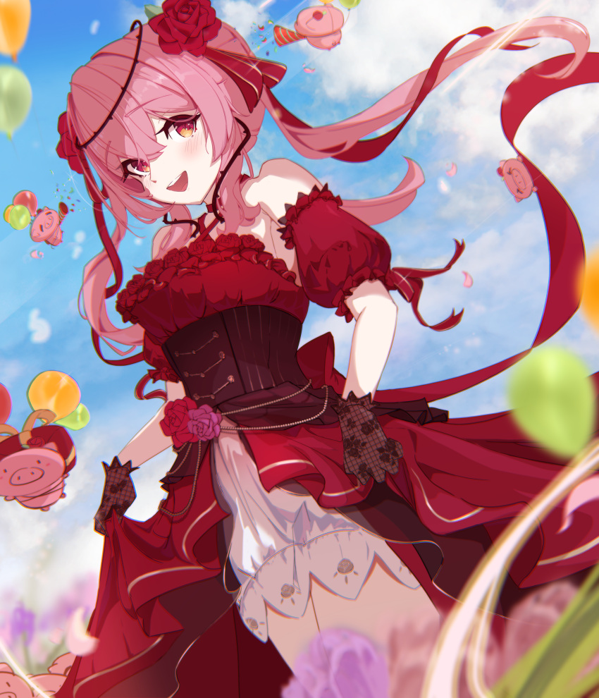 1girl, absurdres, alternate_costume, blue_sky, blush, clothes_lift, clouds, dress