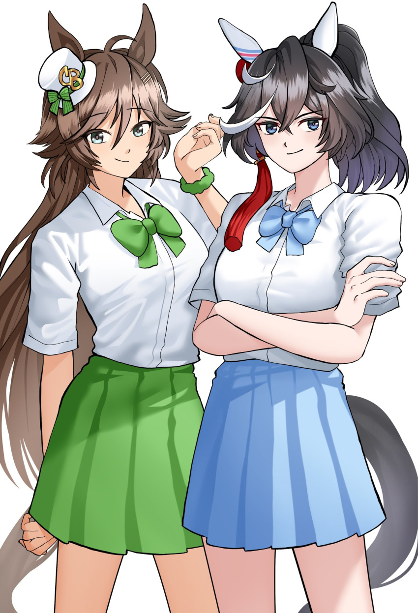2girls, ahoge, animal_ears, bbreaad, black_hair, blue_bow, blue_eyes, blue_skirt