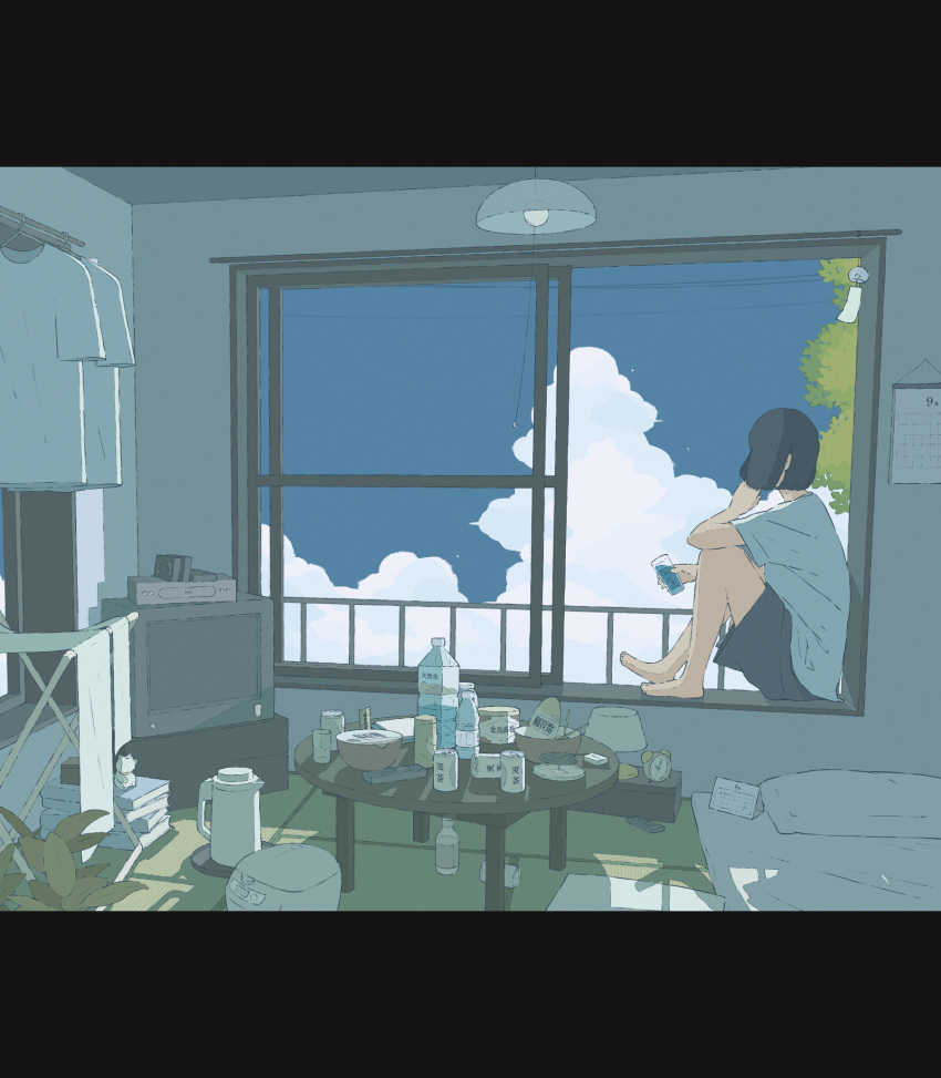 1girl, alarm_clock, arm_on_knee, barefoot, black_hair, blue_sky, bob_cut, book